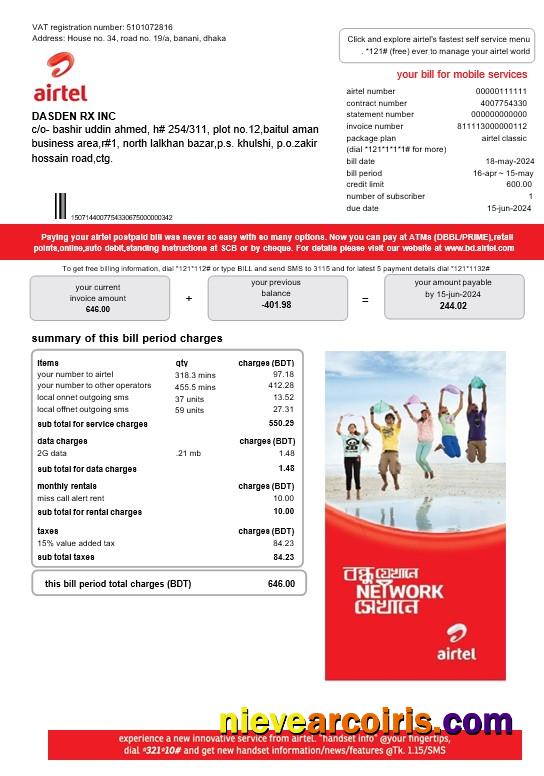 India Airtel telecommunication services business utility bill